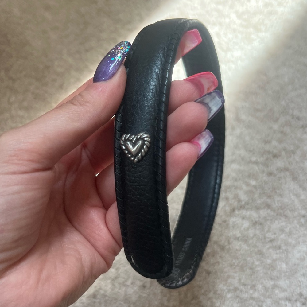 Brighton Black Leather Headband with Silver Heart Accents